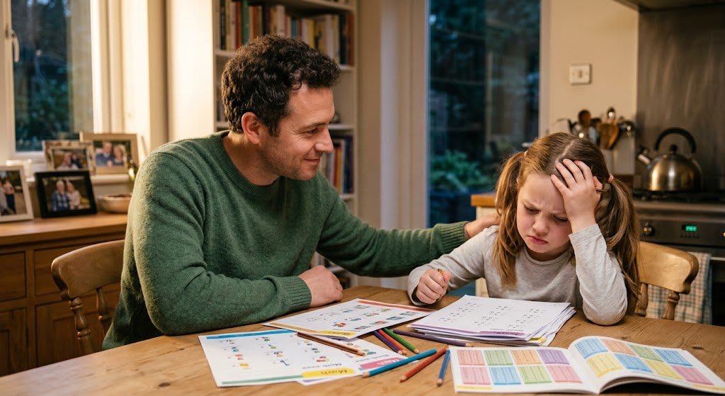 A parent staying calm while helping a child during parent child homework fights at the dinner table.